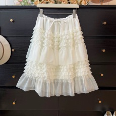 批发法式浪漫木耳边拼接蓬蓬半身裙女春季2026高腰显瘦A字层层蛋糕裙