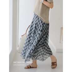 批发2026韩版春夏复古甜辣飘逸<b class='q'>雪纺</b>长裙浪漫格纹不规则大裙摆半身裙