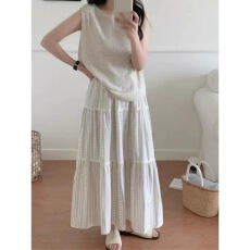 批发韩系<b class='q'>条纹</b>复古蛋糕裙半身裙女春秋新款设计感蕾丝拼接文艺A字<b class='q'>长裙</b>