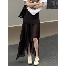 批发港味时尚气质中长款不规则假两件网纱拼接半身裙女高腰<b class='q'>百搭</b>a字裙