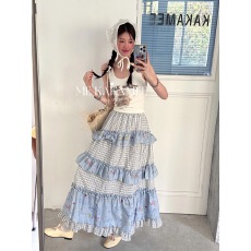 批发KAKAMEE<b class='q'>春</b>夏 韩系复古涂鸦层次感蛋糕半身裙女纯欲显瘦a字中长裙