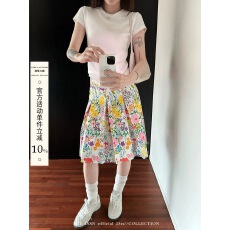 批发宁司 碎花高腰宽松显瘦半身裙女夏季韩系设计感复古百搭A字短裙