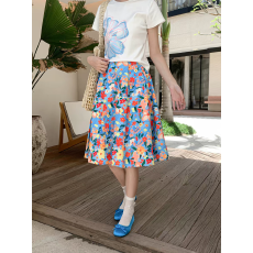 批发2026 满印花卉蓝色蓬蓬<b class='q'>花苞</b>百褶半身<b class='q'>裙</b>女百搭休闲中长<b class='q'>裙</b><b class='q'>夏</b>