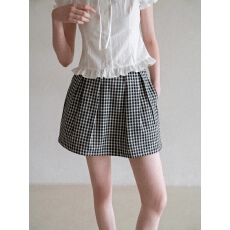 批发EGGKA学院风格纹压褶显瘦设计a字<b class='q'>半身裙</b>女夏季<b class='q'>高腰</b>气质蓬蓬短裙