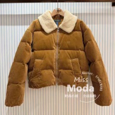 批发秋冬款拼接翻领灯芯绒羽绒面包服外套