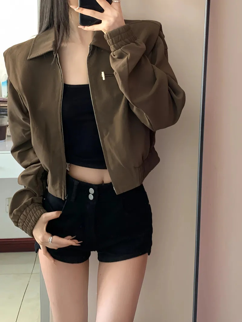 秋季女装棕色美式复古短款外套新款女美拉德穿搭休闲夹克春秋  服裝批發女裝批發服飾貨源