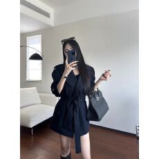 批发韩系新款2025时尚感廓形藏蓝条纹短款外套女秋冬翻领新贵腰带风衣
