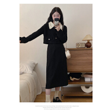 批发小香风加绒加厚套装裙冬季韩剧穿搭高级感翻领短上衣长裙两件套