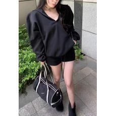 批发休闲套装<b class='q'>女</b>春秋美式复古宽松V领慵懒风连帽长袖卫衣<b class='q'>短裤</b>两件套潮