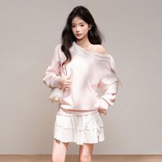 批发甜辣妹蝴蝶结绑带斜肩卫衣女冬季2026新款宽松显瘦减龄粉色上衣