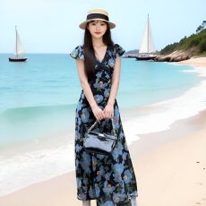 批发大码法式度假风碎花V领荷叶袖蕾丝拼接连衣裙夏季<b class='q'>复古</b>百搭A字<b class='q'>长裙</b>