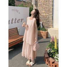 批发大码胖mm夏季新款遮肉显瘦法式温柔风<b class='q'>蕾丝</b>拼接假两件背心连衣裙女