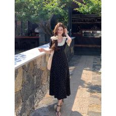 黑色法式荷叶领甜美碎花连衣裙2026夏季新款中长款轻奢短袖茶歇裙