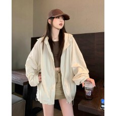 批发盐系休闲抽绳防晒外套女夏季2026新款宽松中长款连帽运动夹克上衣