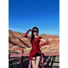 批发废土风红色<b class='q'>网纱</b>荡领连帽t恤女荷叶边不规则带袖套<b class='q'>上衣</b>