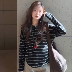 批发长袖t恤女2026新款秋冬季设计感韩系慵懒黑白条纹打底polo衫上衣