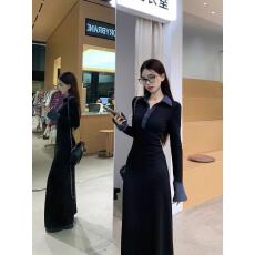 批发黑色高级感气质翻领长<b class='q'>袖</b><b class='q'>连衣裙</b>女冬季新款收腰修身显瘦<b class='q'>荷叶</b>边长裙