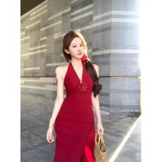 批发法式辣妹气质挂脖红色挂脖连衣裙女夏季别致立体花朵开叉<b class='q'>礼服</b>长裙