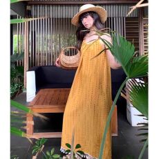 批发黄色<b class='q'>流苏</b>吊带<b class='q'>连衣裙</b>女夏季高级超好看沙滩海边度假宽松显瘦长裙子