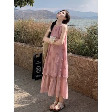 批发<b class='q'>大码</b>胖mm夏季法式复古温柔风假两件百褶无袖背心连衣裙女气质长裙