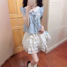 批发夏季新款两件套装<b class='q'>日系</b>小个子<b class='q'>甜美</b>学院风格子拼接上衣蛋糕半身裙女