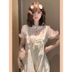 批发初夏<b class='q'>日系</b><b class='q'>甜美</b>可爱风爱心大蝴蝶结背带卡通裤+粉色衬衫女两件套装