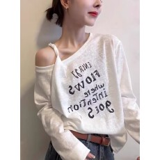 批发白色斜领露肩字母印花<b class='q'>T</b><b class='q'>恤</b>女2026春秋季新款宽松<b class='q'>长袖</b>斜领外穿上衣