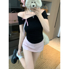 批发1*1<b class='q'>莫代尔</b>辣妹一字肩黑色短袖<b class='q'>T</b><b class='q'>恤</b>女夏设计感小众绑带修身显瘦上衣