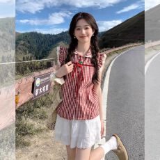 批发2026夏季韩系格子衬衫女设计感蕾丝花边蝴蝶结小飞袖衬衫女