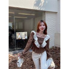 批发女装法式荷叶边拼接长袖衬衫女季遮肚显瘦小衫上衣服
