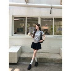批发【原版蕾丝提花布】韩系学院风斜领飘带短袖衬衫不规则收腰显瘦