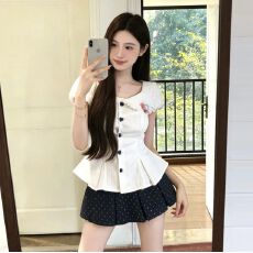 批发法式甜美娃娃领收腰绑带泡泡袖上衣女春夏新款波点半身裙两件<b class='q'>套装</b>