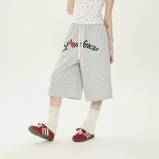 批发原版水印刺绣复古字母刺绣抽绳迷彩七分裤男女宽松阔腿直筒<b class='q'>短裤</b>