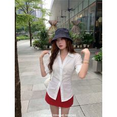 批发棉麻竹节老钱风收腰衬衣女夏<b class='q'>中长款</b>白色中袖翻领小众百搭T恤上衣