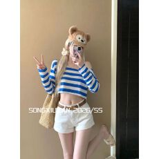 批发精棉拉架韩系多巴胺蓝白条纹斜肩<b class='q'>T</b><b class='q'>恤</b>夏季度假风露肩<b class='q'>长袖</b>短款上衣