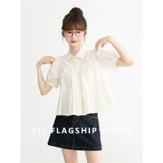 杏色翻领短袖衬衫女夏季新款洋气泡泡袖甜美减龄娃娃衫宽松上衣潮