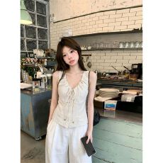 批发【原版品质+内里】美式复古辣妹v领背心吊带无袖夏抽绳串珠<b class='q'>上衣</b>