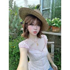 批发法式甜美粉色条纹泡泡袖小上衣女夏纯欲风修身短袖小清新<b class='q'>碎花</b><b class='q'>衬衫</b>