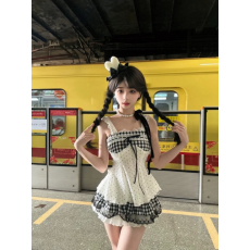 批发可爱甜美少女感巨好看套装夏日蕾丝蝴蝶结格子吊带上衣短裙<b class='q'>两件套</b>