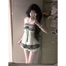 批发可爱甜美少女感巨好看套装夏日蕾丝蝴蝶结格子吊带上衣短裙<b class='q'>两件套</b>