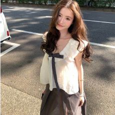 批发2026夏季新款白色衬衫设计感小众小飞袖荷叶边蝴蝶结中古百搭<b class='q'>上衣</b>