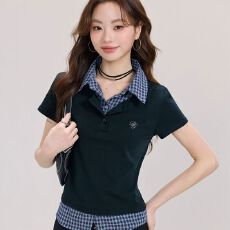 批发大码学院风短袖t恤女夏季假两件polo领正肩体恤胖MM遮肉显瘦<b class='q'>上衣</b>
