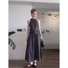 批发套装灰色气质无袖背心宽松上衣女夏抽绳a字半身裙两件套