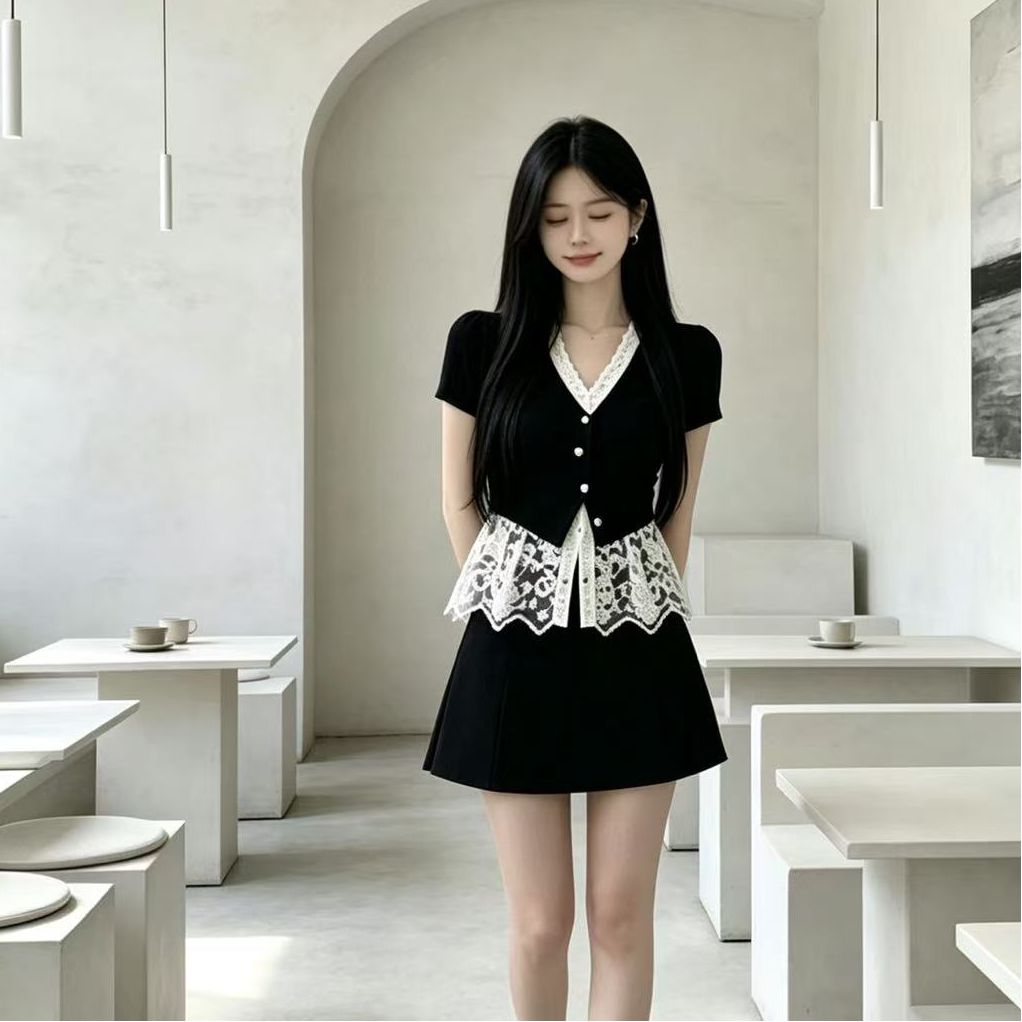 BY29218# 时尚套装女夏季新款显瘦假两件V领上衣T恤+半身短裙子两件套  服裝批發女裝批發服飾貨源