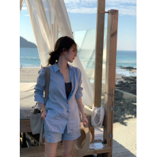 批发韩系蓝色衬衫<b class='q'>亚麻</b>套装女早秋休闲高级气质麻料防晒衬衣短裤两件套