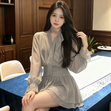 批发纯欲性感V领飘带长袖连衣裙秋冬季新款设计感收腰显瘦<b class='q'>雪纺</b>a字<b class='q'>短裙</b>