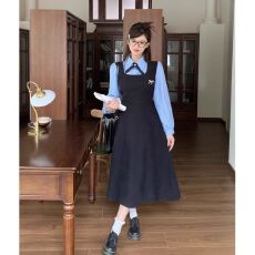 批发韩版学院风假两件<b class='q'>连衣裙</b>女装秋季新款茶歇设计感POLO领收腰中长裙