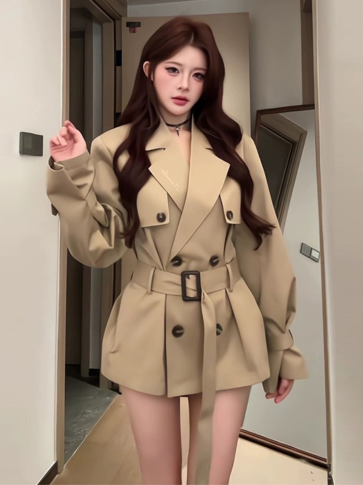 RY8833# 英伦风卡其色风衣外套女春秋季新款高级感气质收腰小个子短款大...