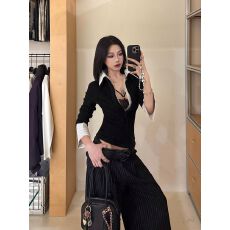 批发螺纹德绒假两件拼接翻领针织衫女<b class='q'>冬</b>季设计感收腰修身百搭上衣