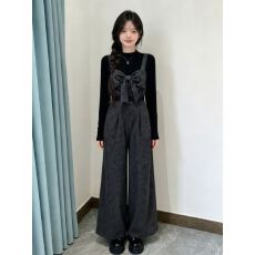 批发法式蝴蝶结背带阔腿裤两件套女2026秋季<b class='q'>大码</b>胖mm复古名媛显瘦套装